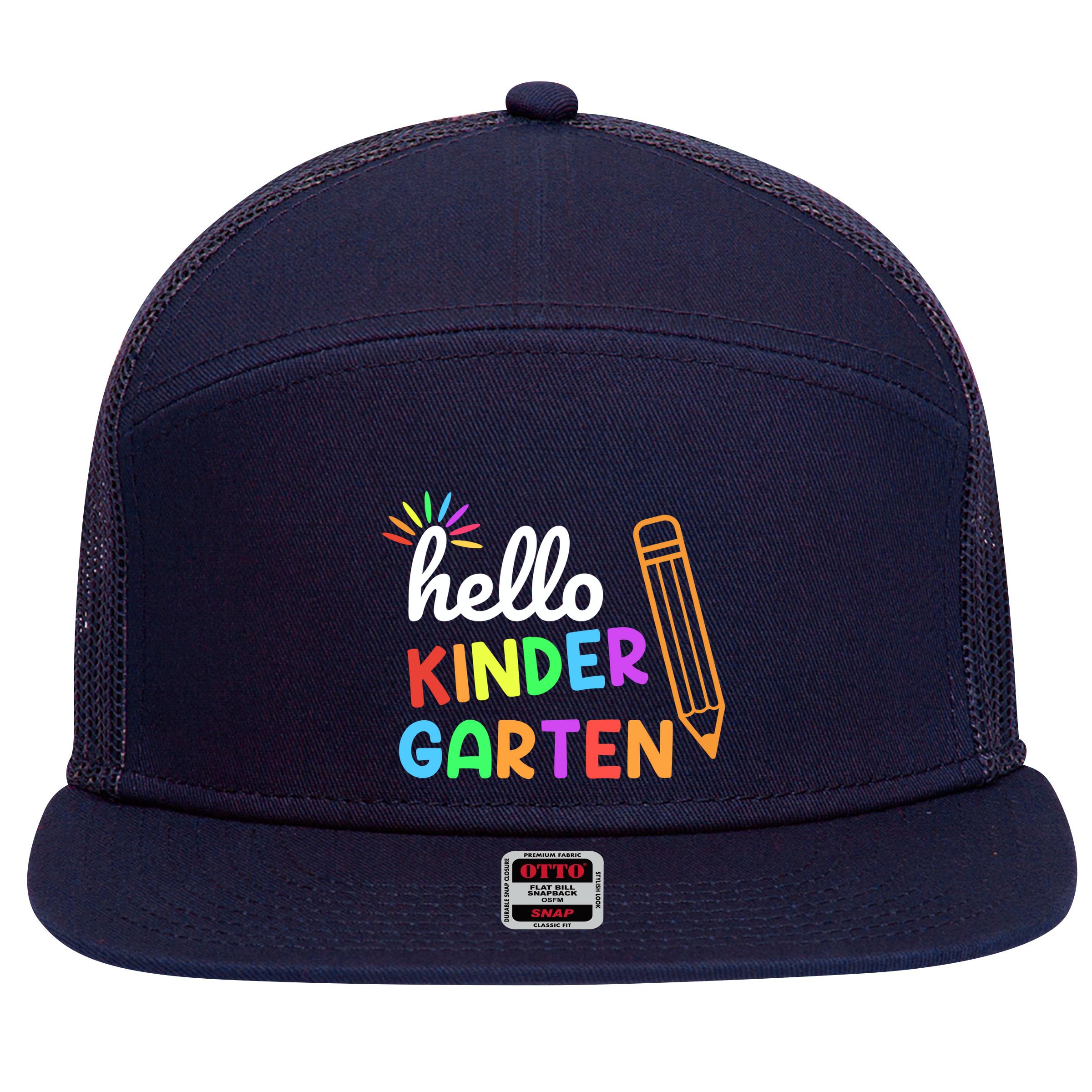 Hello Kindergarten Team Kinder Back To School Teacher 7 Panel Mesh Trucker Snapback Hat
