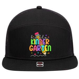 Hello Kindergarten Team Kinder Back To School Teacher 7 Panel Mesh Trucker Snapback Hat