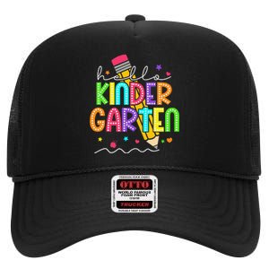 Hello Kindergarten Team Kinder Back To School Teacher High Crown Mesh Back Trucker Hat