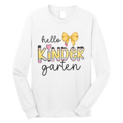 Hello Kindergarten Teacher Squad Coquette Bow Pencil School Long Sleeve Shirt