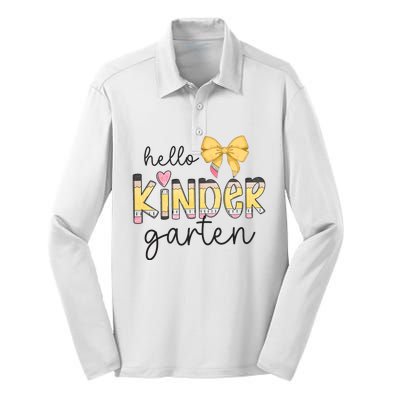 Hello Kindergarten Teacher Squad Coquette Bow Pencil School Silk Touch Performance Long Sleeve Polo