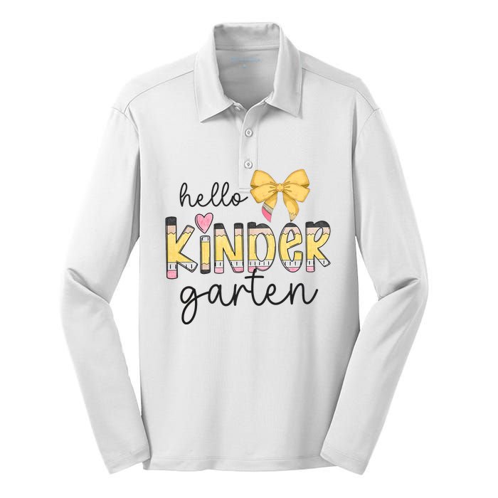 Hello Kindergarten Teacher Squad Coquette Bow Pencil School Silk Touch Performance Long Sleeve Polo