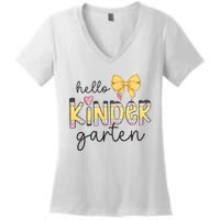 Hello Kindergarten Teacher Squad Coquette Bow Pencil School Women's V-Neck T-Shirt