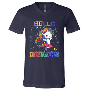 Hello Kindergarten Unicorn Back To School Funny Girl V-Neck T-Shirt