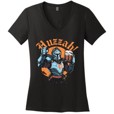 Huzzah Knight With Mead Funny Ren Faire Women's V-Neck T-Shirt