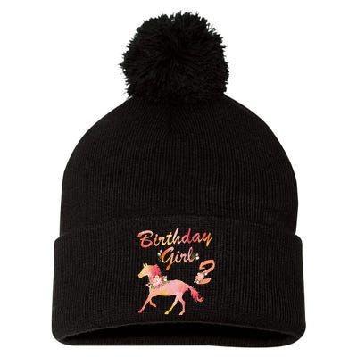 Horse Lover 2nd Birthday For Girl Love Horses 2 Years Old Pom Pom 12in Knit Beanie