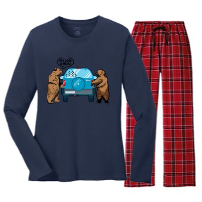 Hey Look Au Funny Camping Camper Hiking Bear Outdoor Women's Long Sleeve Flannel Pajama Set 