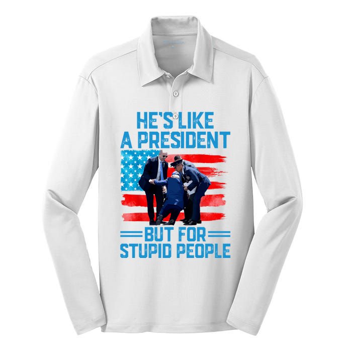 Hes Like A President But For Stupid People Biden Falling Silk Touch Performance Long Sleeve Polo