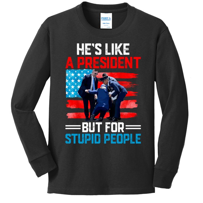 Hes Like A President But For Stupid People Biden Falling Kids Long Sleeve Shirt