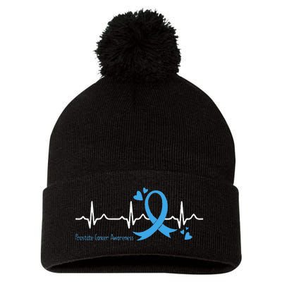 Heartbeat Light Blue Ribbon Prostate Cancer Awareness Pom Pom 12in Knit Beanie