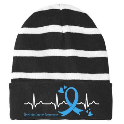 Heartbeat Light Blue Ribbon Prostate Cancer Awareness Striped Beanie with Solid Band