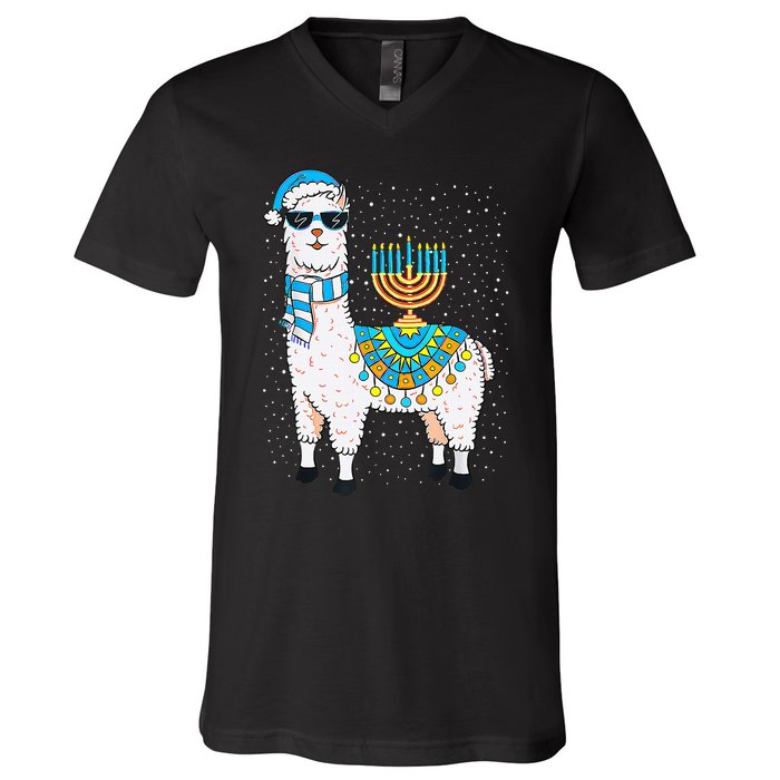 Hanukkah Llama Cute Alpaca Chanukah Christmas V-Neck T-Shirt