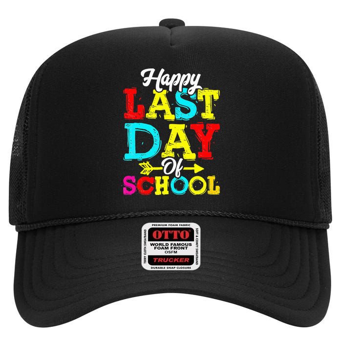 Happy Last Day Of School Graduation Teacher Students High Crown Mesh Back Trucker Hat