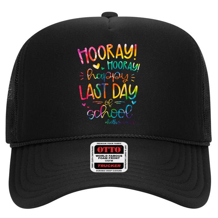 Happy Last Day Of School Hello Summer Students And Teachers High Crown Mesh Back Trucker Hat