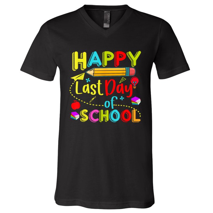 Happy Last Day Of School Hello Summer Teacher Student V-Neck T-Shirt