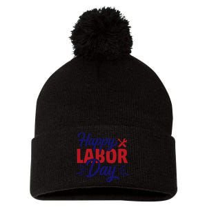 Happy Labor Day Celebration Graphic Pom Pom 12in Knit Beanie