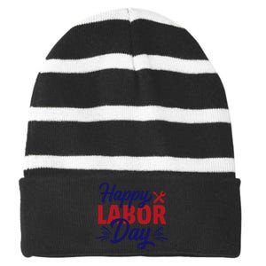 Happy Labor Day Celebration Graphic Striped Beanie with Solid Band