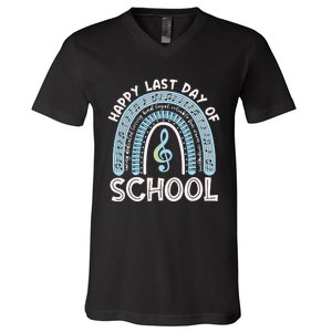 Happy Last Day Of School Music Teacher Student Rainbow V-Neck T-Shirt