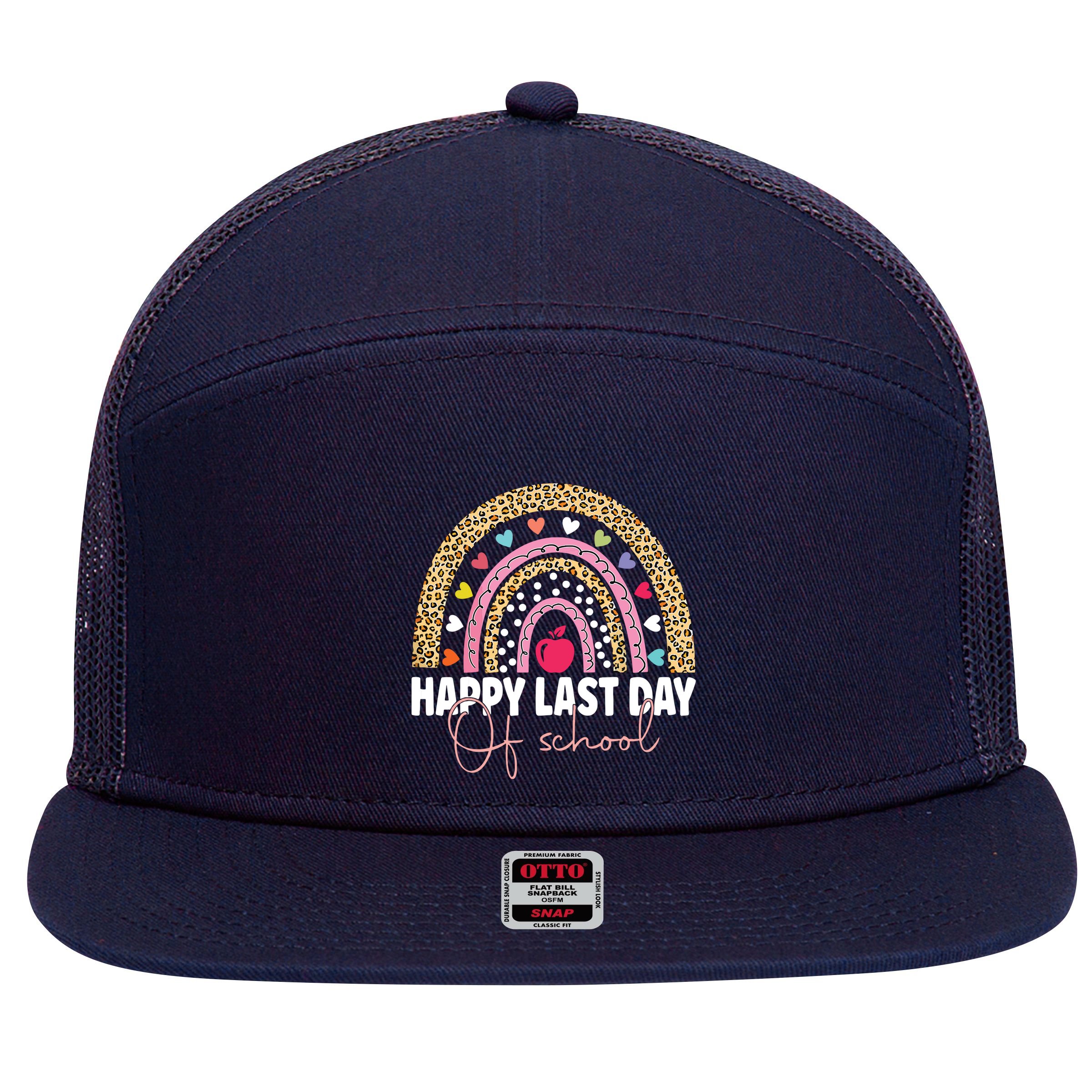 Happy Last Day Of School Teacher Student Graduation Rainbow 7 Panel Mesh Trucker Snapback Hat