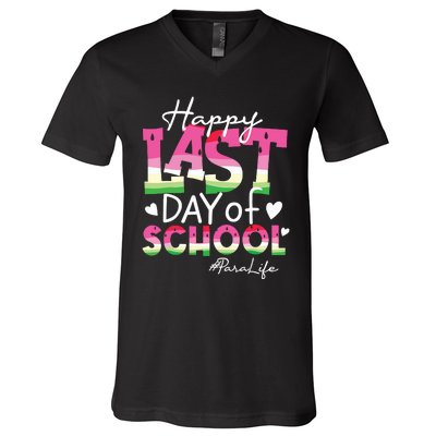 Happy Last Day Of School Para Life Watermelon Summer Vibes V-Neck T-Shirt