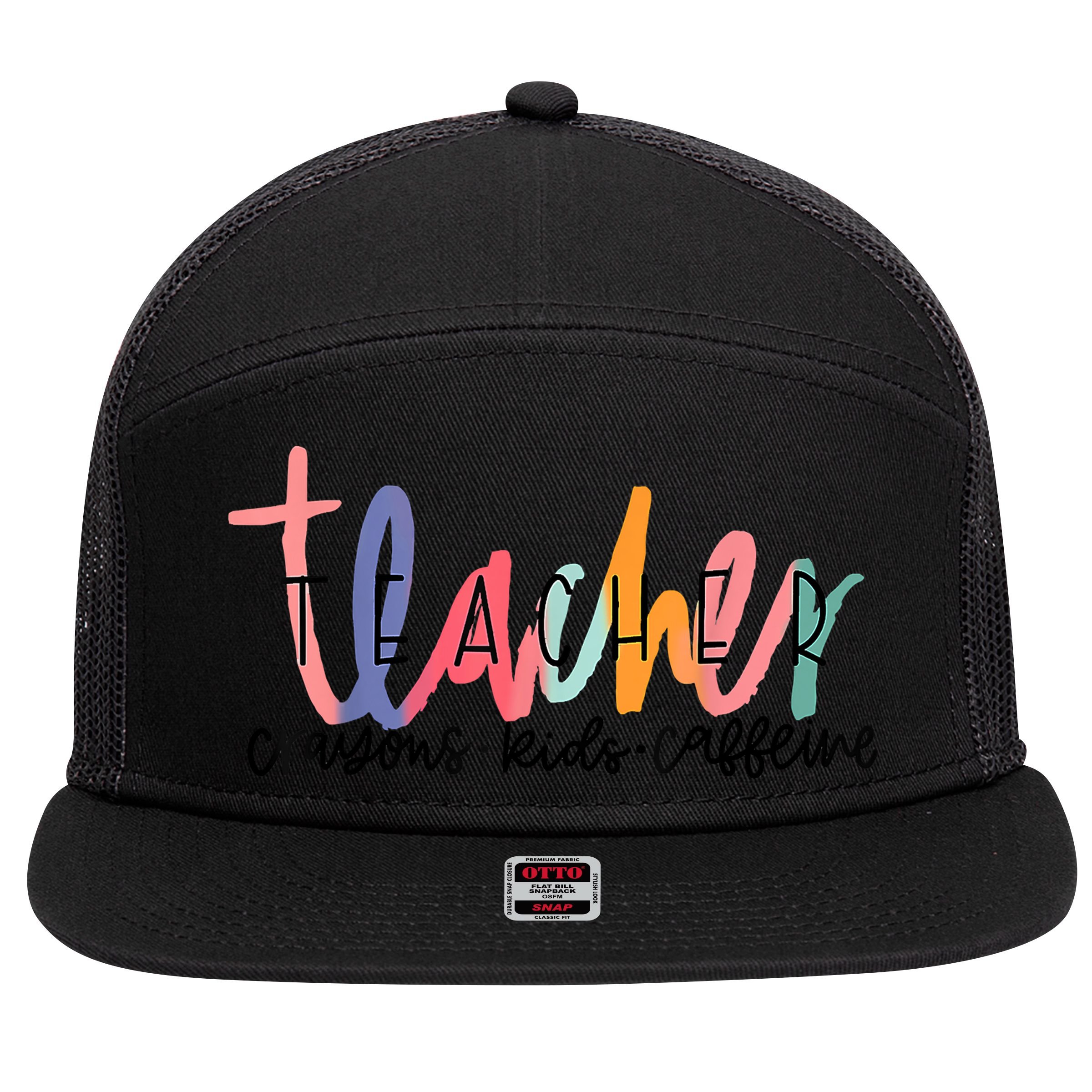 Happy Last Day Of School Teachers Crayons Kids Caffeine 7 Panel Mesh Trucker Snapback Hat