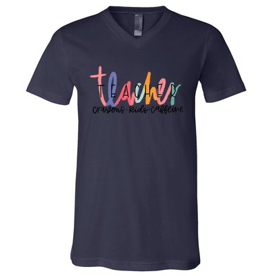 Happy Last Day Of School Teachers Crayons Kids Caffeine V-Neck T-Shirt