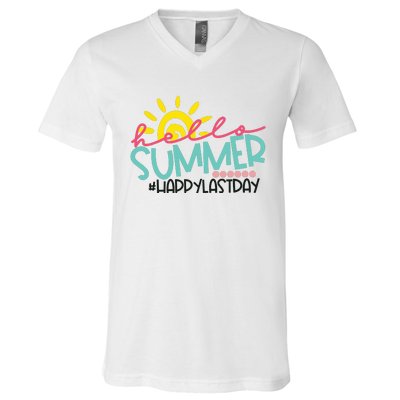 Happy Last Day Of School Teacher Student Hello Summer V-Neck T-Shirt