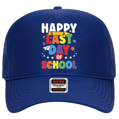 Happy Last Day Of School Graduation Teacher Students High Crown Mesh Back Trucker Hat