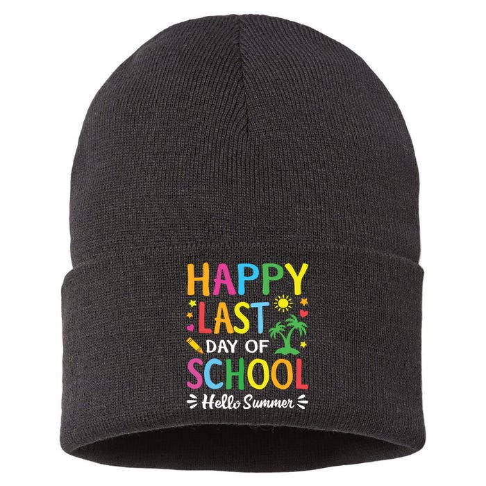 Happy Last Day Of School Hello Summer Teacher Student Sustainable Knit Beanie