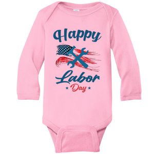 Happy Labor Day American Flag Holiday US Worker Baby Long Sleeve Bodysuit