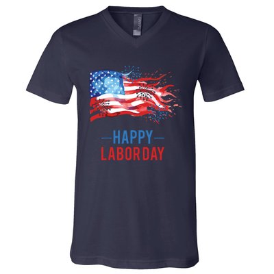 Happy Labor Day Fireworks And American Flag Labor Patriotic V-Neck T-Shirt