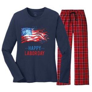 Happy Labor Day Fireworks And American Flag Labor Patriotic Women's Long Sleeve Flannel Pajama Set 