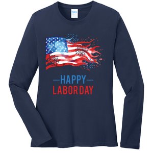 Happy Labor Day Fireworks And American Flag Labor Patriotic Ladies Long Sleeve Shirt