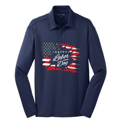 Happy Labor Day Gift American Flag Silk Touch Performance Long Sleeve Polo