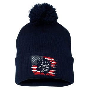 Happy Labor Day Gift American Flag Pom Pom 12in Knit Beanie