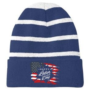 Happy Labor Day Gift American Flag Striped Beanie with Solid Band