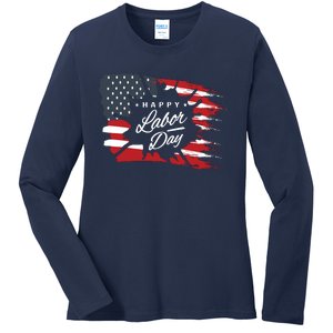 Happy Labor Day Gift American Flag Ladies Long Sleeve Shirt