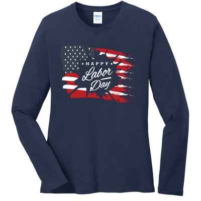 Happy Labor Day Gift American Flag Ladies Long Sleeve Shirt