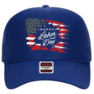 Happy Labor Day Gift American Flag High Crown Mesh Back Trucker Hat