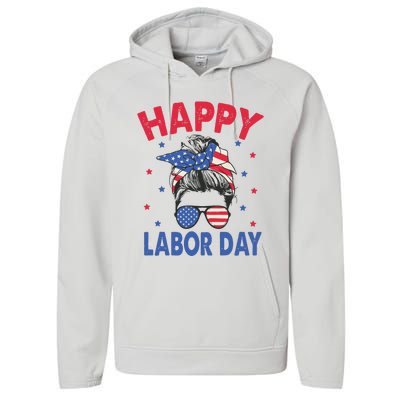 Happy Labor Day Shirts For Labor Day Messy Bun USA Flag Performance Fleece Hoodie