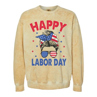 Happy Labor Day Shirts For Labor Day Messy Bun USA Flag Colorblast Crewneck Sweatshirt