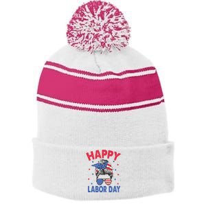 Happy Labor Day Shirts For Labor Day Messy Bun USA Flag Stripe Pom Pom Beanie