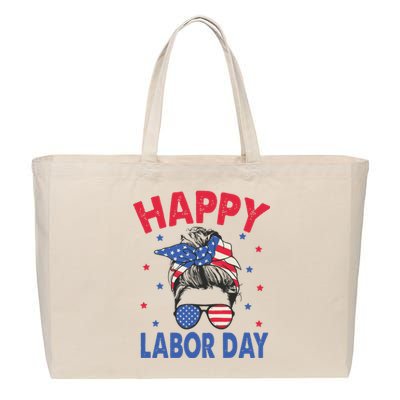 Happy Labor Day Shirts For Labor Day Messy Bun USA Flag Cotton Canvas Jumbo Tote