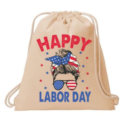 Happy Labor Day Shirts For Labor Day Messy Bun USA Flag Drawstring Bag