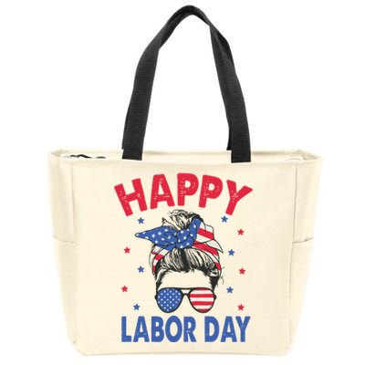 Happy Labor Day Shirts For Labor Day Messy Bun USA Flag Zip Tote Bag