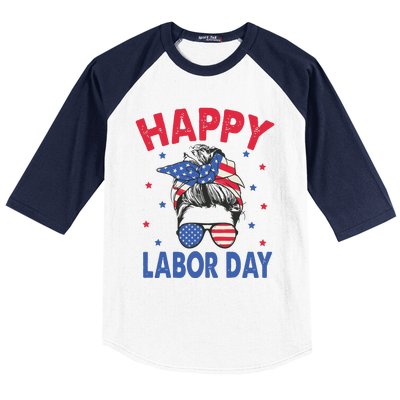 Happy Labor Day Shirts For Labor Day Messy Bun USA Flag Baseball Sleeve Shirt