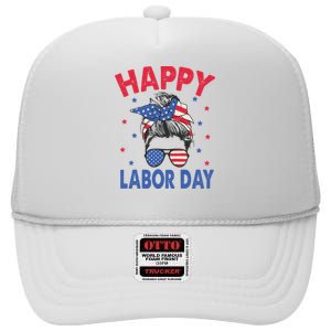 Happy Labor Day Shirts For Labor Day Messy Bun USA Flag High Crown Mesh Back Trucker Hat