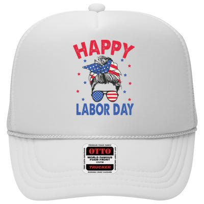 Happy Labor Day Shirts For Labor Day Messy Bun USA Flag High Crown Mesh Back Trucker Hat