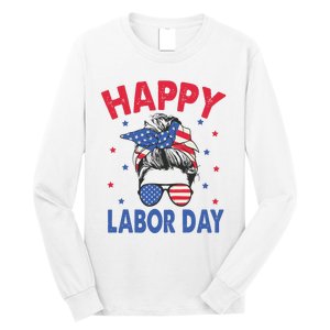 Happy Labor Day Shirts For Labor Day Messy Bun USA Flag Long Sleeve Shirt