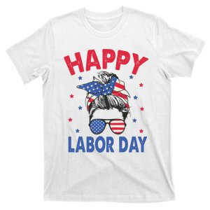 Happy Labor Day Shirts For Labor Day Messy Bun USA Flag T-Shirt